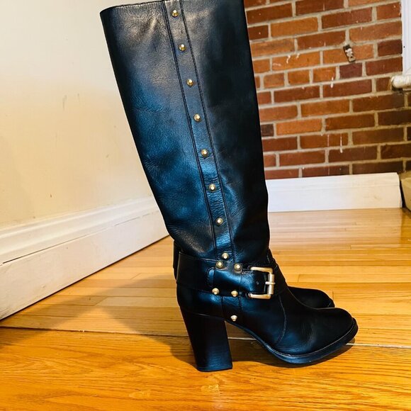 MICHAEL KORS BLACK LEATHER KNEE HIGH BOOTS WITH BUCKLE & RIVETS SZ 8 M - Picture 15 of 16